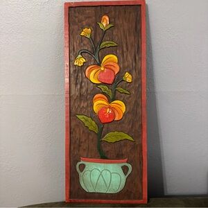 Wooden Mexican Folk Art Floral Relief Wall Hanging Handmade Carvings